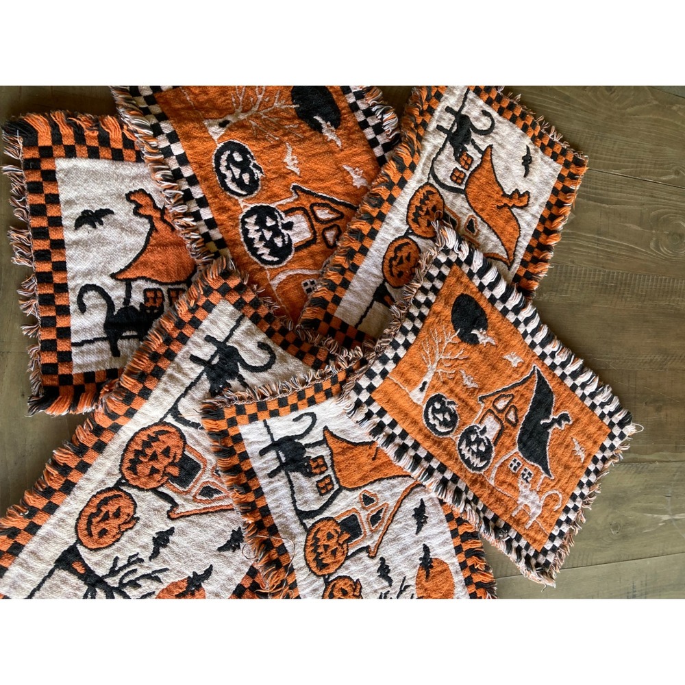 Vintage Style Woven Halloween Placemat Set of 6 Haunted House Pumpkin Cat Fringe